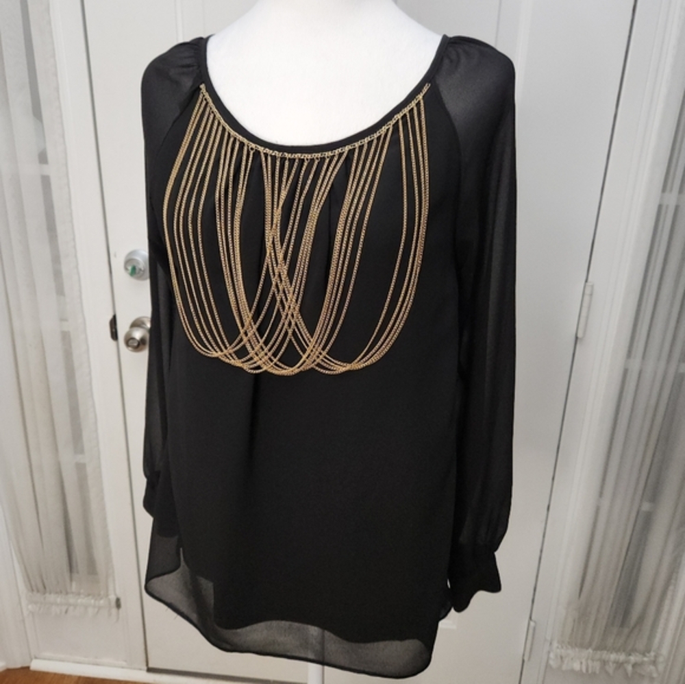 Haute Monde Sheer Black Long Sleeve Swooped with Gold Color Chains Size Small‎